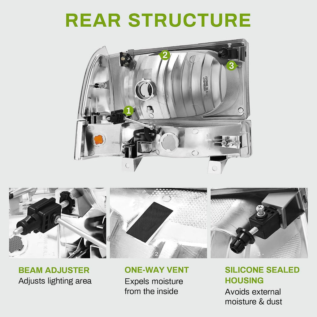 YITAMOTOR® 1999-2004 Ford F250 | F350 | F450 | F550 | Súper deber | Conjunto de faros de excursión con carcasa cromada