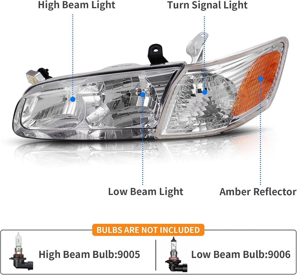 YITAMOTOR® Headlights Assembly Compatible with 2000 2001 Camry Headlamp Replacement Pair Driver and Passenger Side Chrome Housing Clear Lens Amber Reflector