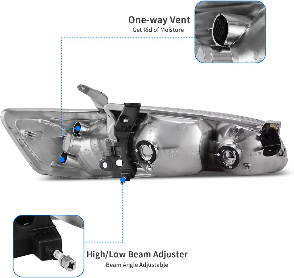 YITAMOTOR® Headlights Assembly Compatible with 2000 2001 Camry Headlamp Replacement Pair Driver and Passenger Side Chrome Housing Clear Lens Amber Reflector