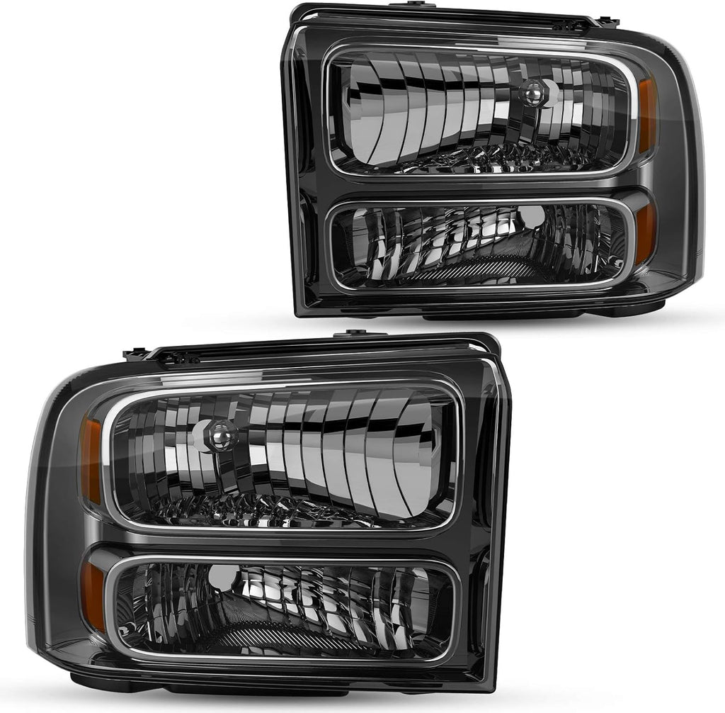 YITAMOTOR® Headlights Assembly Compatible with 2005-2007 Ford F250 F350 F450 F550 Super Duty/ 2005 Ford Excursion Chrome Housing Smoke Lens