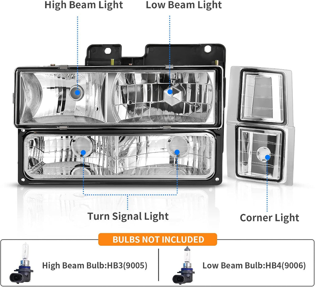 YITAMOTOR® 1994-1999 Chevy C/K Pickup + Corner Lights+ Side Lights Chrome Housing Headlights