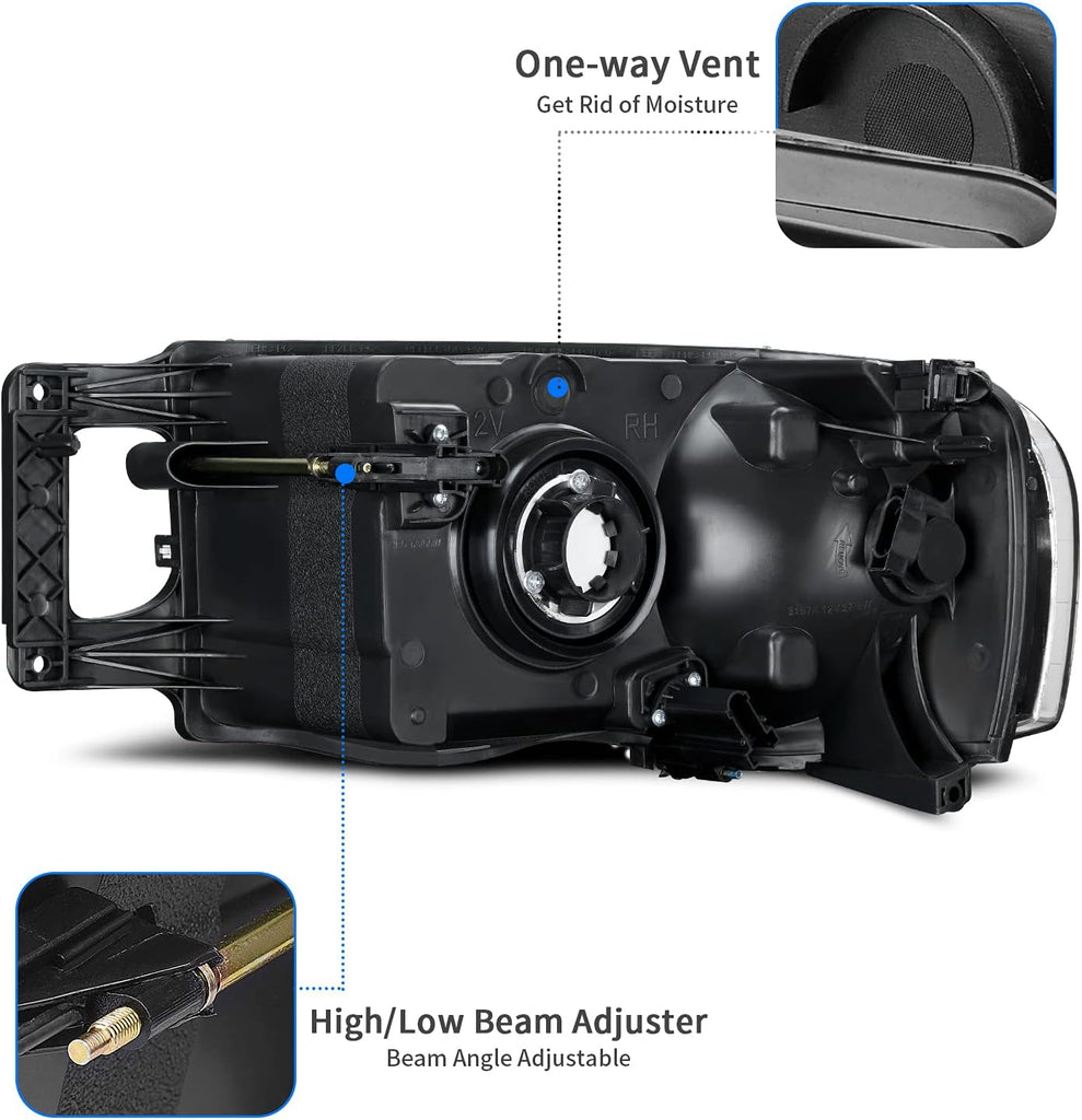 YITAMOTOR® Headlights Assembly Replacement Compatible with 2002 2003 2004 2005 Dodge Ram 1500 Pickup 03 04 05 Dodge Ram 2500 3500 Pickup Smoke Lens