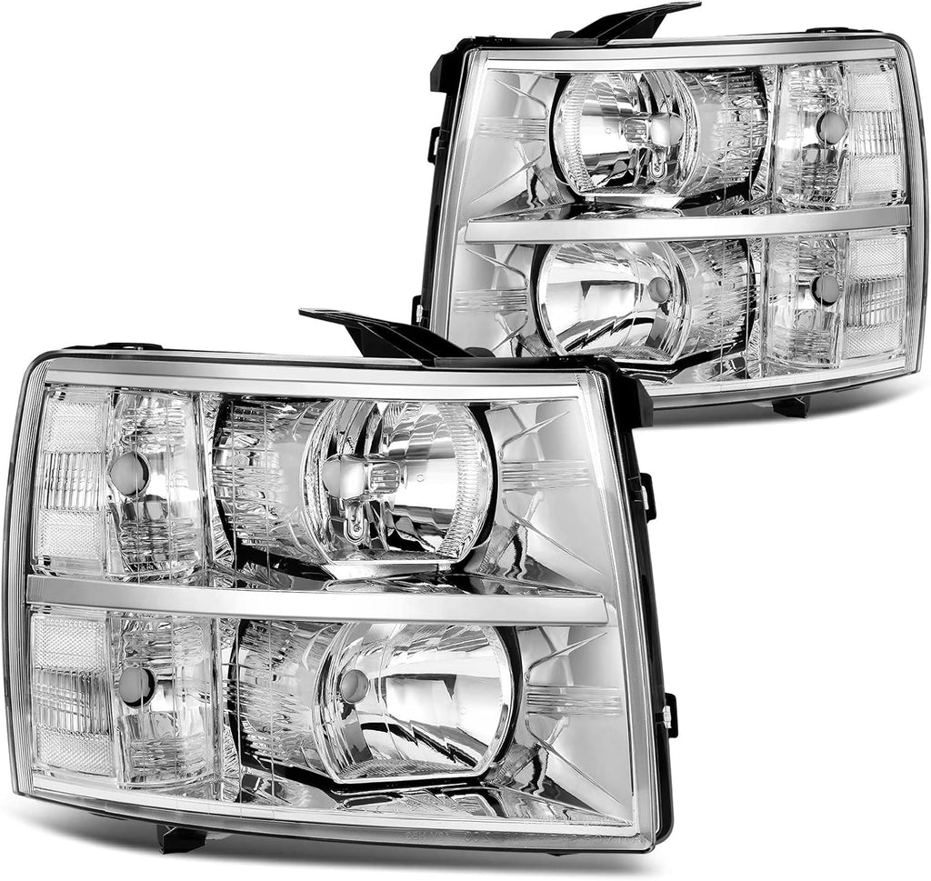 YITAMOTOR® Headlights Assembly Compatible with 2007-2013 Chevy Silverado 1500, 2007-2014 Chevy Silverado 2500HD 3500HD (Not fit 2007 Silverado Classic) Headlamp Replacement Chrome Housing Clear Reflector