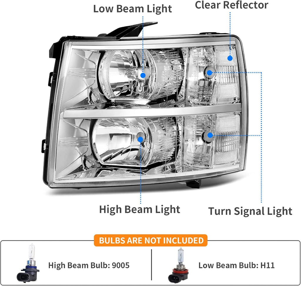 YITAMOTOR® Headlights Assembly Compatible with 2007-2013 Chevy Silverado 1500, 2007-2014 Chevy Silverado 2500HD 3500HD (Not fit 2007 Silverado Classic) Headlamp Replacement Chrome Housing Clear Reflector