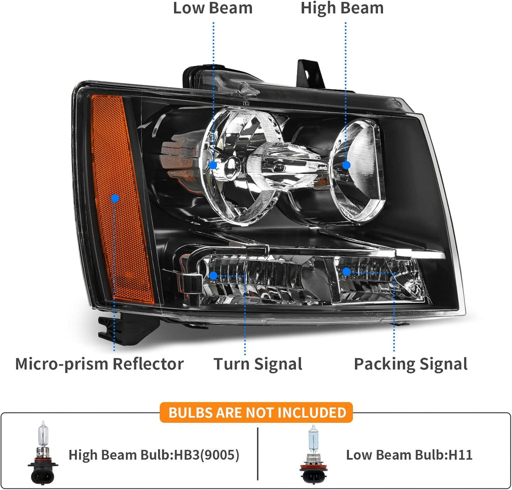 YITAMOTOR® Conjunto de faros delanteros halógenos para Chevy Avalanche/Suburban/Tahoe 2007-2013, carcasa negra 