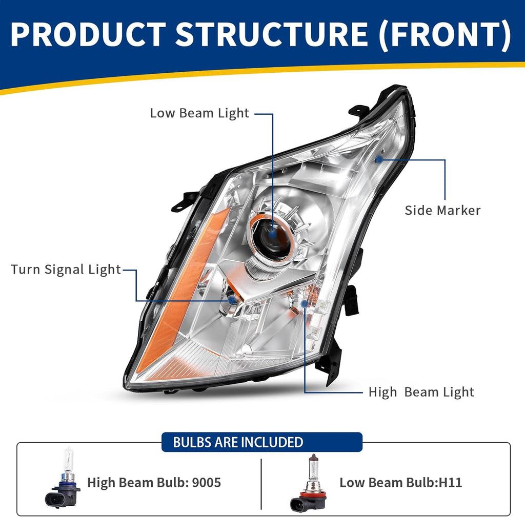 YITAMOTOR® Driver Side Halogen Only Projector Headlights For 2010-2016 Cadillac SRX w/ Bulb