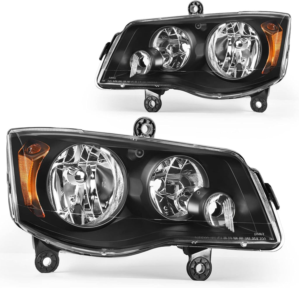 YITAMOTOR® Headlights Assembly Compatible with 2011-2019 Dodge Grand Caravan 2008-2016 Chrysler Town & Country Black Housing Amber Reflector