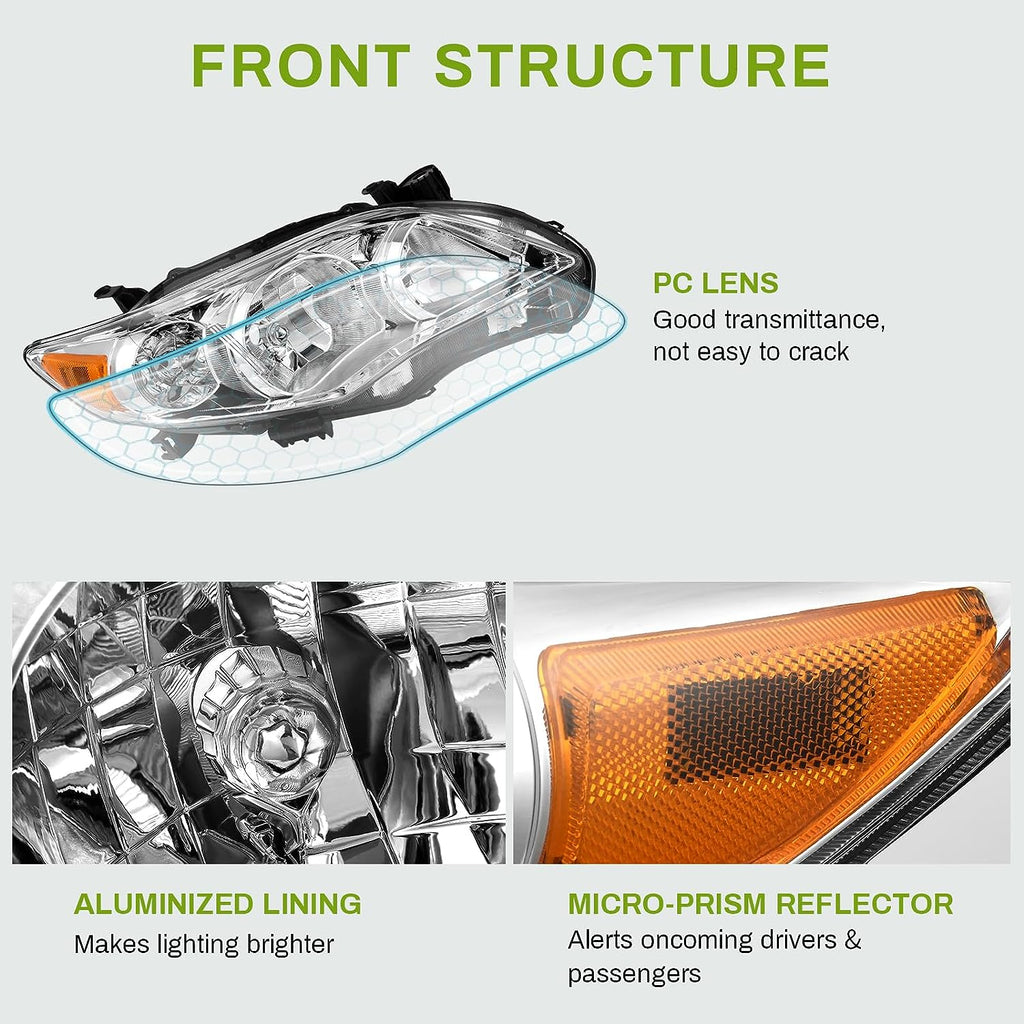 YITAMOTOR® Headlights Assembly Compatible with 2011 2012 2013 Toyota Corolla Headlamp Chrome Housing Clear Lens Amber Reflector