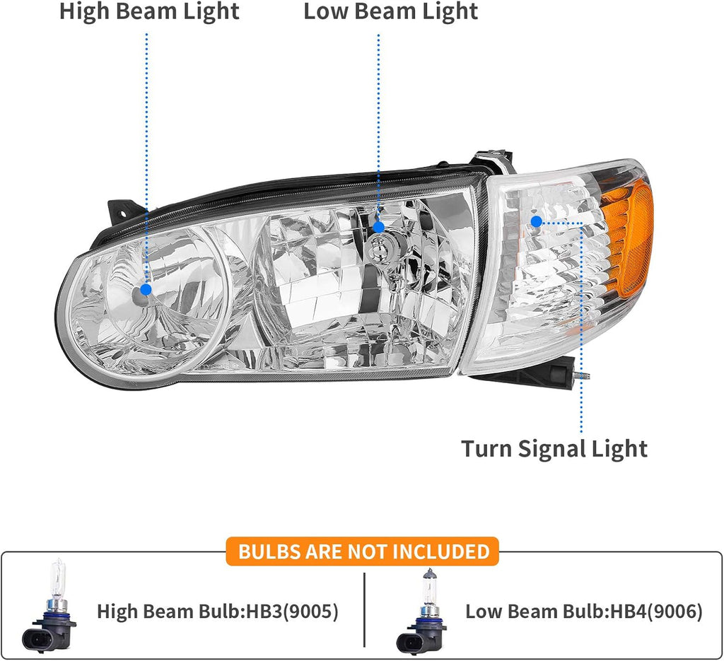 YITAMOTOR® Headlights Assembly Compatible with Toyota Corolla 2001 2002 OE Headlamp Chrome Housing Clear Lens Amber Reflector