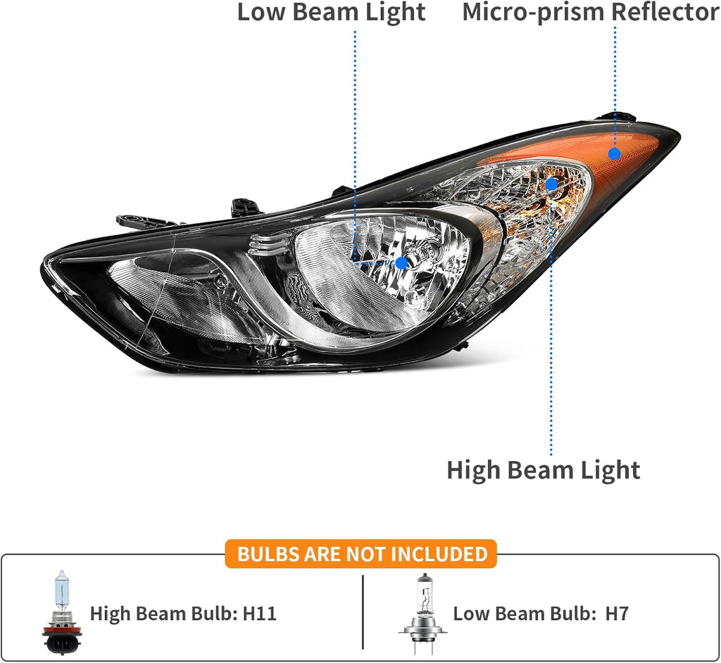 YITAMOTOR® Headlights Assembly Compatible with Elantra 2011 2012 2013 Replacement Headlamp Chrome Housing Clear Lens Amber Reflector