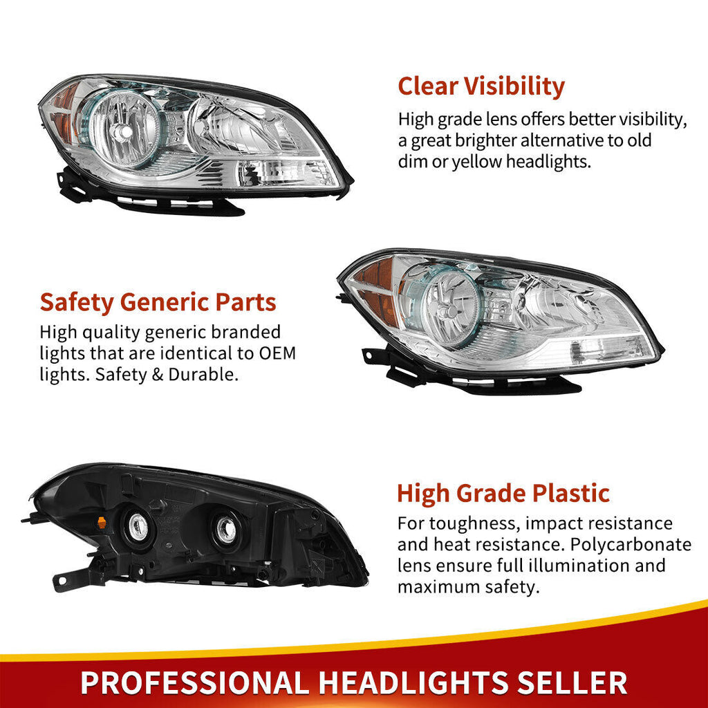 YITAMOTOR® For 2008-2012 Chevy Malibu Chrome Halogen Headlights Assembly Headlamp 08-12 Set