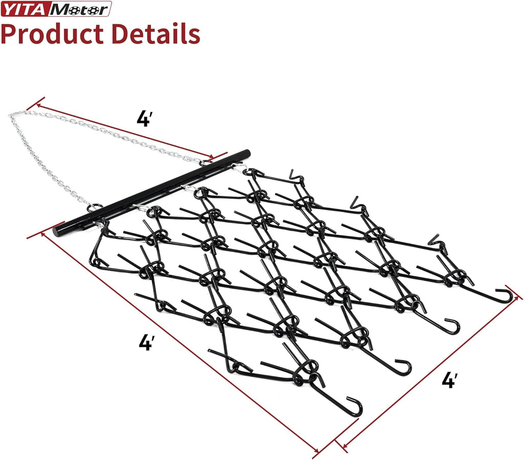 Heavy Duty Drag Harrow 4'W x 4'L, 3/8in Tines for ATV, UTVs, Lawn Tractors Leveling, Grading, Pastures, Breaking up Soil