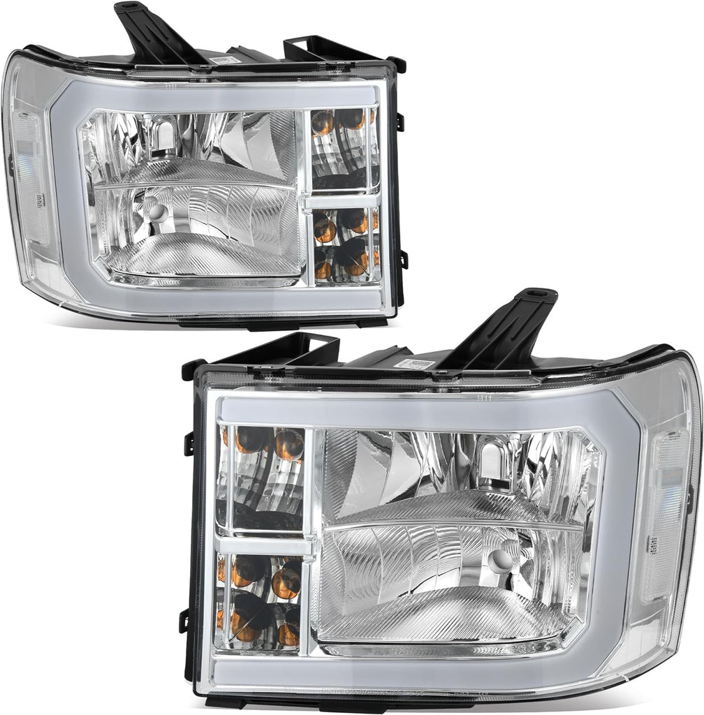 YITAMOTOR® LED DRL Headlights Assembly Compatible with 2007-2013 GMC Sierra 1500/2007-2014 GMC Sierra 2500 HD/Sierra 3500 HD (Not fit classic models) Headlamp Chrome Housing Clear Lens