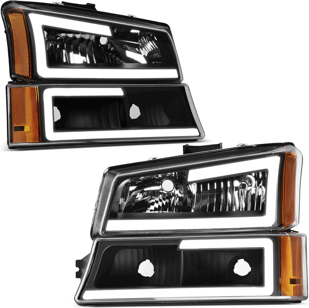 Conjunto de faros delanteros LED DRL compatible con Chevy Silverado 2003-2006 / Chevy Silverado Classic 2007 / Chevrolet Avalanche 03-06 (sin revestimiento de carrocería) Par de faros delanteros de camioneta, carcasa negra