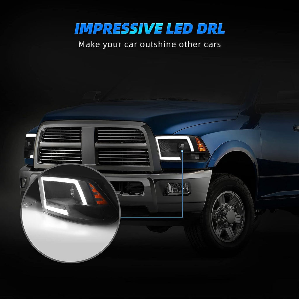 YITAMOTOR® Faros delanteros con proyector de tubo LED negros para Dodge Ram 1500 2500 3500 09-12