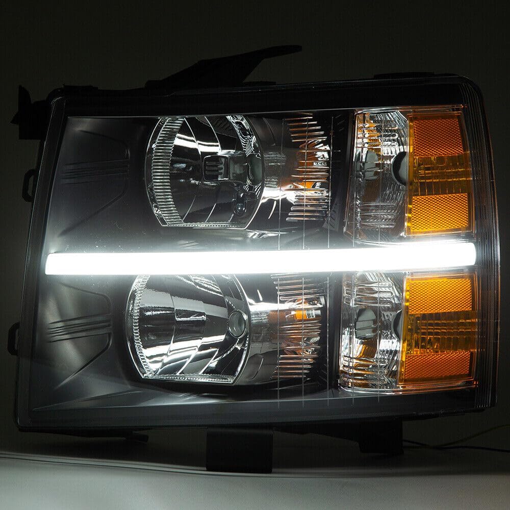 Conjunto de faros delanteros LED DRL compatible con Chevy Silverado 2007-2013 2007-2013 par de faros delanteros con carcasa negra y reflector ámbar