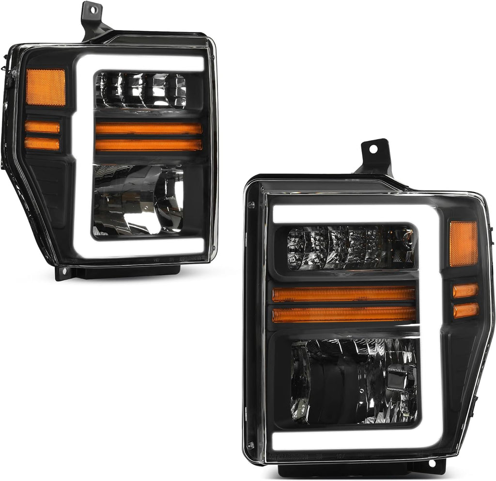 YITAMOTOR® Conjunto de faros delanteros LED DRL compatible con Ford F250 F350 F450 Super Duty 2008 2009 2010 Faro de repuesto Carcasa negra Lente transparente Reflector ámbar