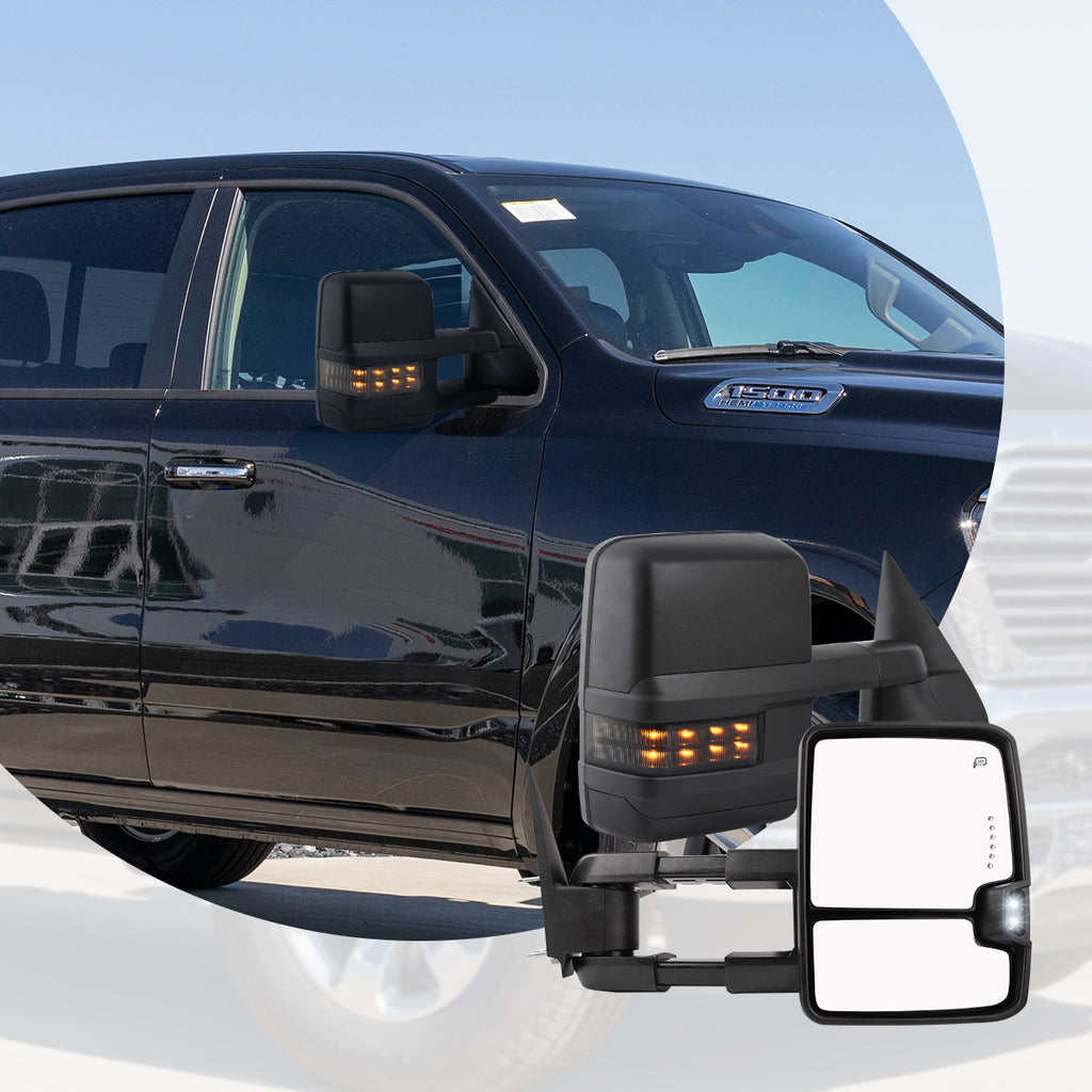 YITAMOTOR® Espejos de remolque compatibles con Chevy Silverado Tahoe Suburban Avalanche GMC Sierra Yukon Cadillac Escalade 2003-2006 Lámpara de señal LED con calefacción eléctrica Luz de liquidación Par de espejos negros