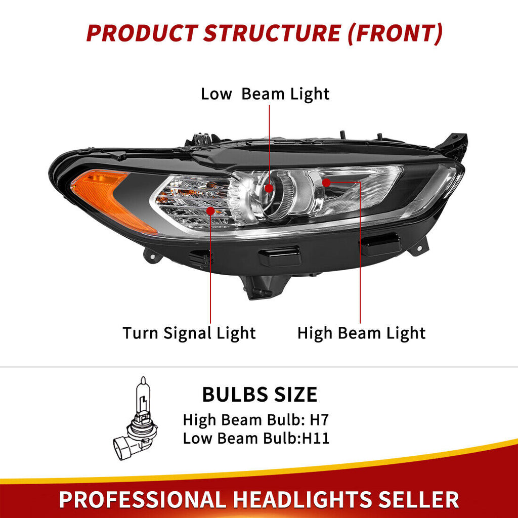 Faros delanteros proyectores del lado del pasajero YITAMOTOR® para faros delanteros Ford Fusion 2013-2016 con bombilla