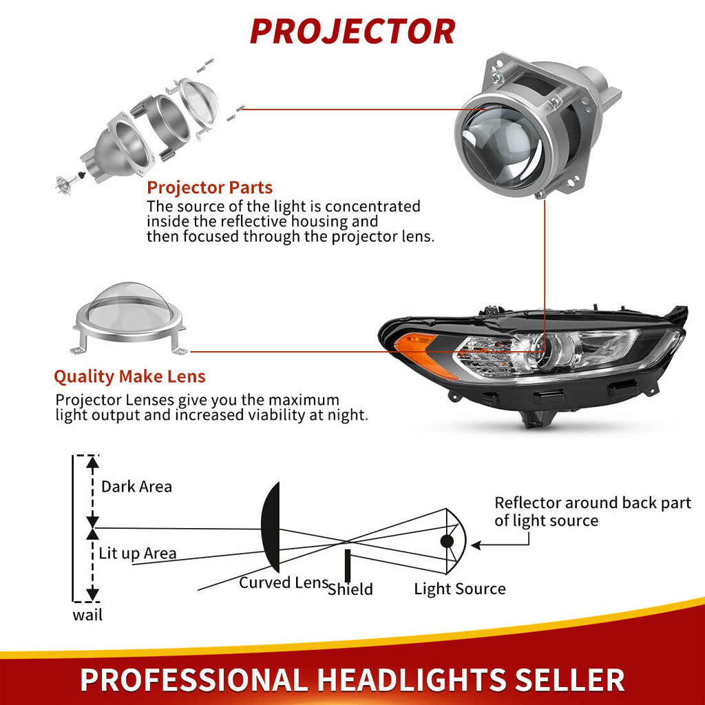 Faros delanteros proyectores del lado del pasajero YITAMOTOR® para faros delanteros Ford Fusion 2013-2016 con bombilla