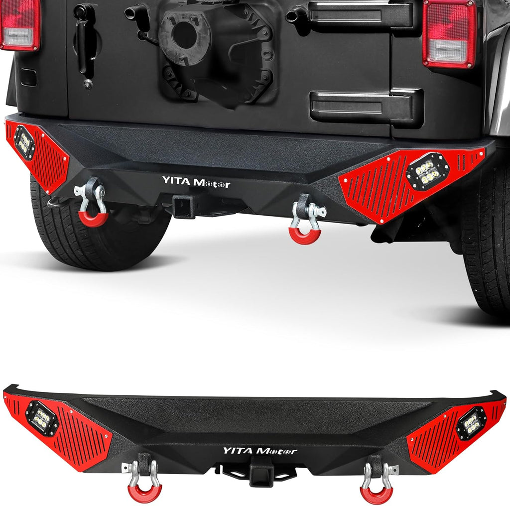 YITAMOTOR® Rear Bumper Compatible with 2007-2018 JK & JKU Unlimited, Rock Crawler Back Bumpers w/ 2" Hitch Receiver, D-Rings & 2x Square LED Lights, Off Road Textured Black