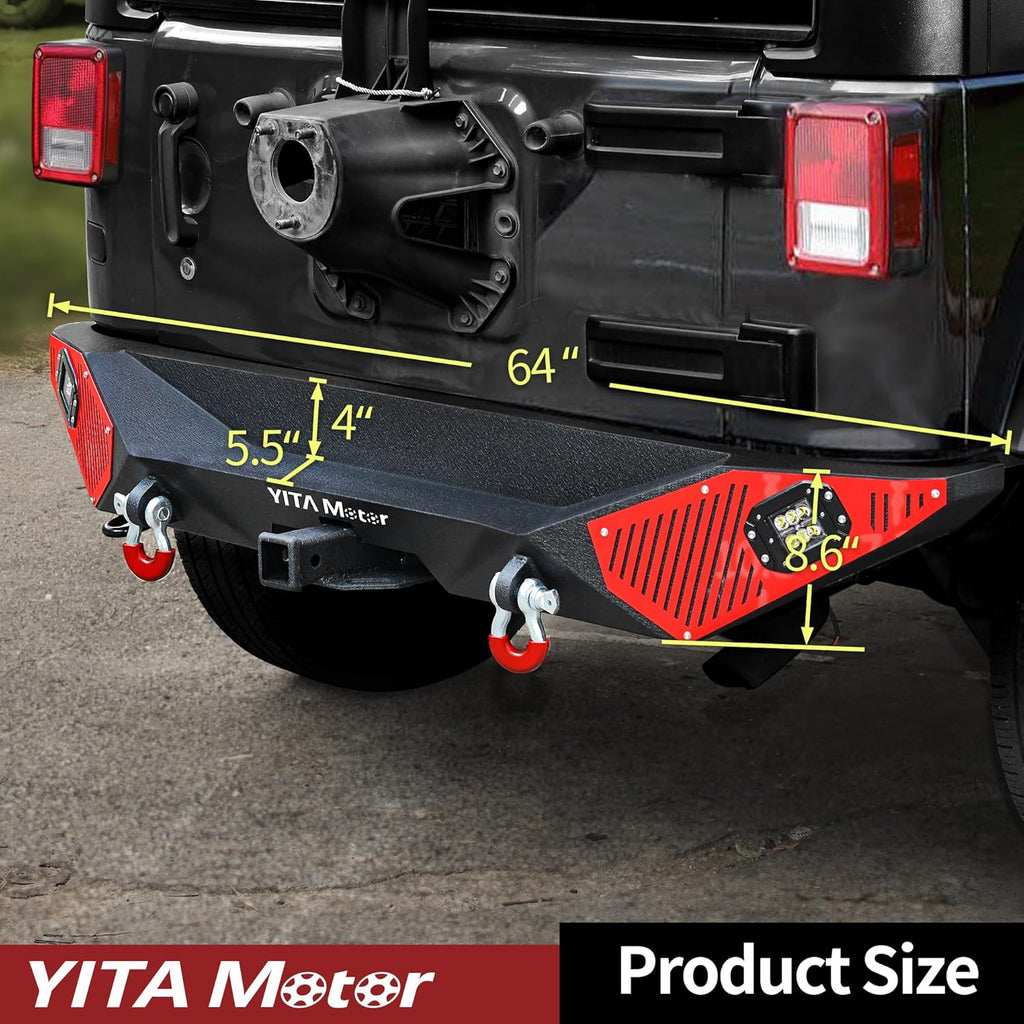 YITAMOTOR® Rear Bumper Compatible with 2007-2018 JK & JKU Unlimited, Rock Crawler Back Bumpers w/ 2" Hitch Receiver, D-Rings & 2x Square LED Lights, Off Road Textured Black