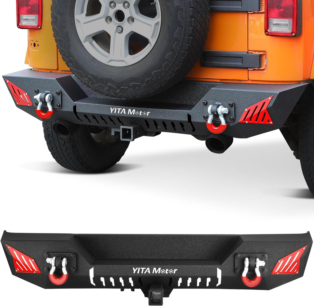 YITAMOTOR® Rear Bumper Compatible with 2007-2018 Jeep Wrangler JK & JK Unlimited (2/4 Doors), Rock Crawler Bumpers w/ 2" Hitch Receiver & D-Rings & Paintable Trim，Upgraded Textured Black