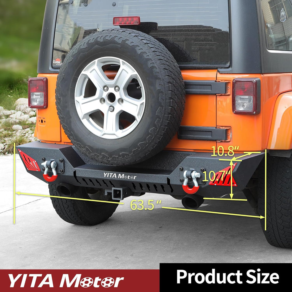 YITAMOTOR® Rear Bumper Compatible with 2007-2018 Jeep Wrangler JK & JK Unlimited (2/4 Doors), Rock Crawler Bumpers w/ 2" Hitch Receiver & D-Rings & Paintable Trim，Upgraded Textured Black