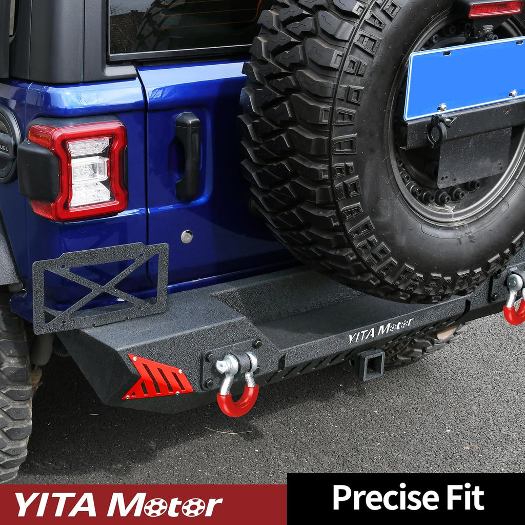 YITAMOTOR® Rear Bumper Compatible with 2018-2024 Jeep Wrangler JL & JL Unlimited (2/4 Doors), w/ 2" Hitch Receiver & 2 x D-Rings & License Plate Bracket