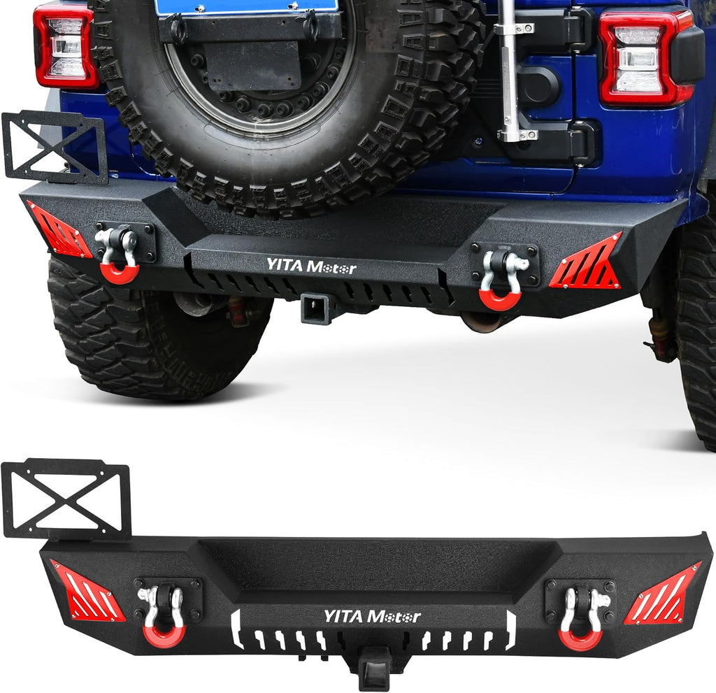 YITAMOTOR® Rear Bumper Compatible with 2018-2024 Jeep Wrangler JL & JL Unlimited (2/4 Doors), w/ 2" Hitch Receiver & 2 x D-Rings & License Plate Bracket