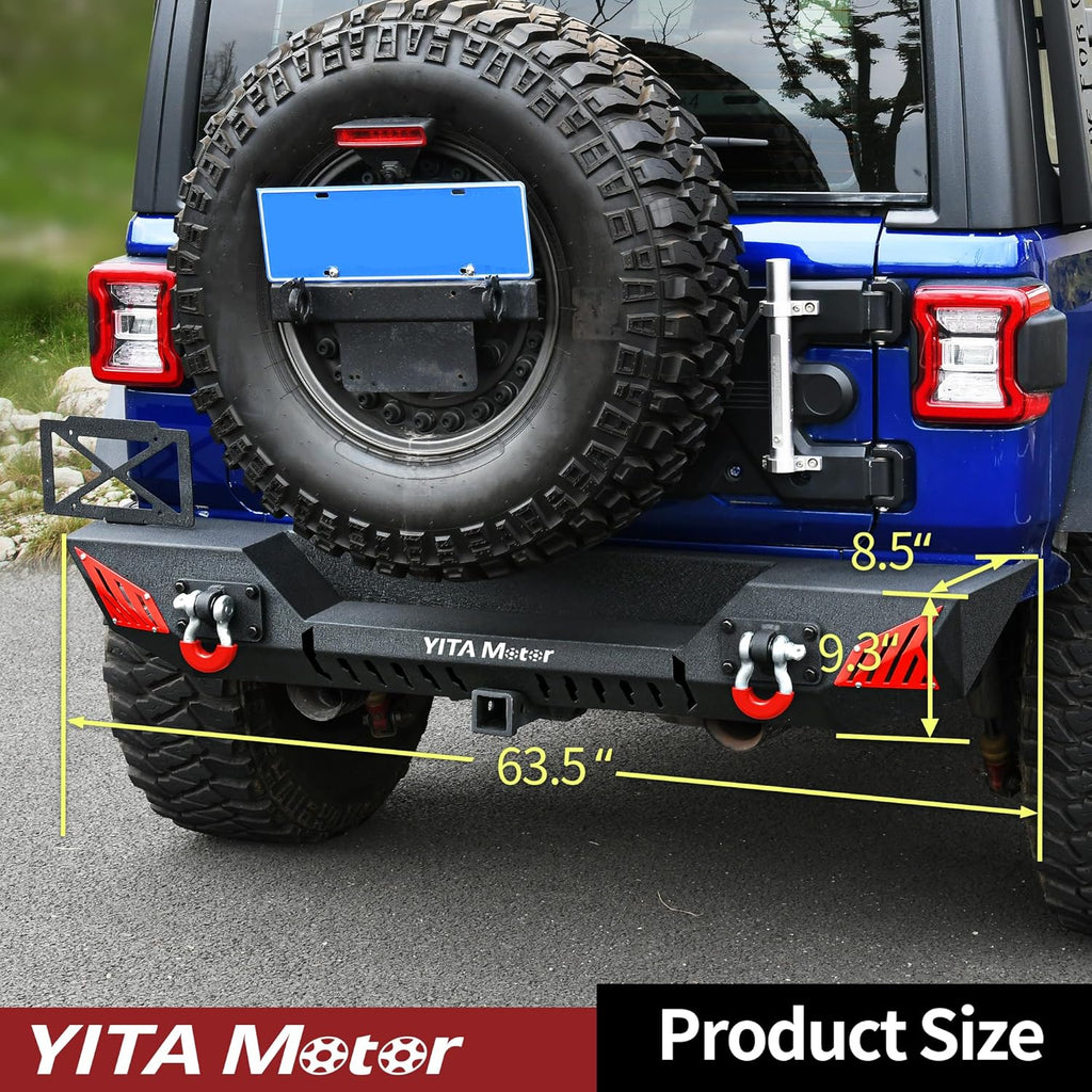 YITAMOTOR® Rear Bumper Compatible with 2018-2024 Jeep Wrangler JL & JL Unlimited (2/4 Doors), w/ 2" Hitch Receiver & 2 x D-Rings & License Plate Bracket