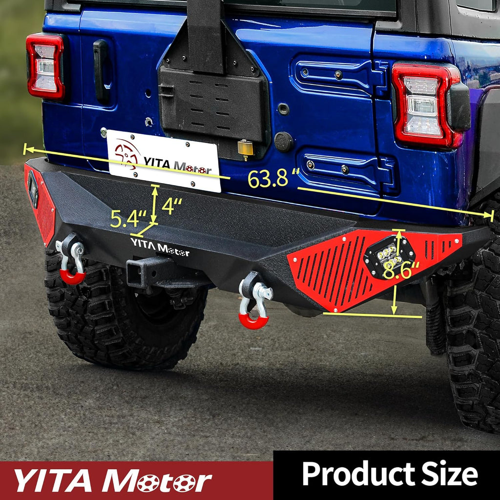 YITAMOTOR® Rear Bumper Compatible with Jeep Wrangler 2018-2024 Jeep Wrangler JL & Unlimited (2/4 Doors), Off Road Back Bumpers w/ 2" Hitch Receiver, D-Rings & 2x Square LED Lights, Textured Black