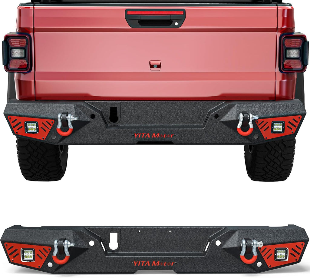 YITAMOTOR® Rear Bumper Fits 2020-2023 Jeep Gladiator JT, Off-road Truck Back Step Bumper w/ 2x Square LED Lights, D-Rings & Paintable Armor