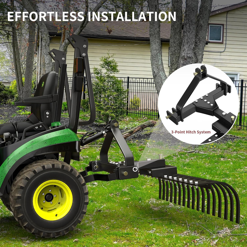 YITAMOTOR® 50" Three Point Landscape Rake, Replaceable Spring Steel Tines, Quick Mount, Angle Adjustment Fit for CAT-0 CAT-1, for Clearing Brush, Raking Arenas, Soil Preparation