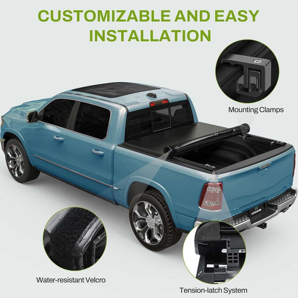 YITAMOTOR® Soft Roll-Up Tonneau Truck Bed Cover Fit for 2009-2024 Dodge Ram 1500 (2019-2024 Ram 1500 Classic Only) , 5.7ft Bed without Rambox