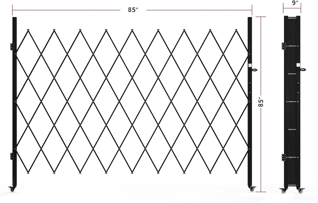 Single Folding Security Gate, 85" H x 85" W, Steel Accordion Design, 360° Rolling, Scissor Gate with Padlock, Aluminium Mesh