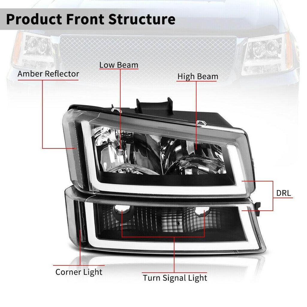 2003-2006 Chevy Silverado LED DRL Clear Headlights + Smoke Lens Taillights