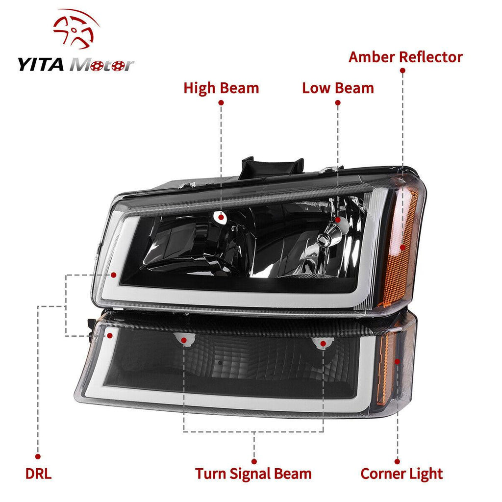 YITAMOTOR® LED 2003-2006 Chevy Silverado Headlights Taillights Black Housing Headlamps + LED Taillights