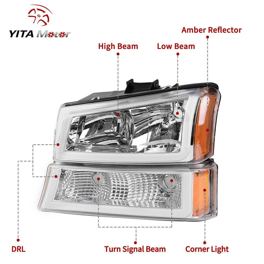 YITAMOTOR® 03-06 DRL Chevy Silverado Avalanche Chrome Housing Headlight Assembly - YITAMotor