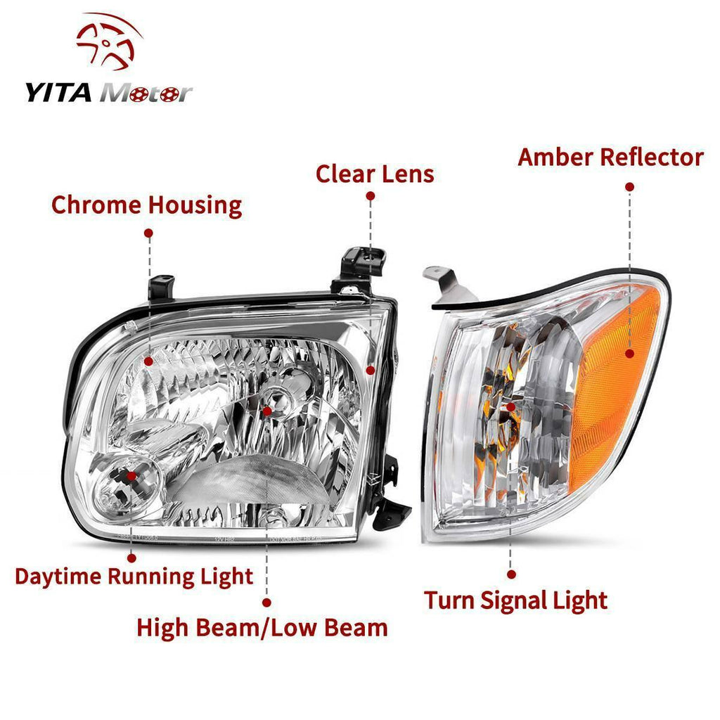 YITAMOTOR® 2005-2006 Toyota Tundra/2005-2007 Sequoia Headlight Chrome Housing Clear Lens - YITAMotor