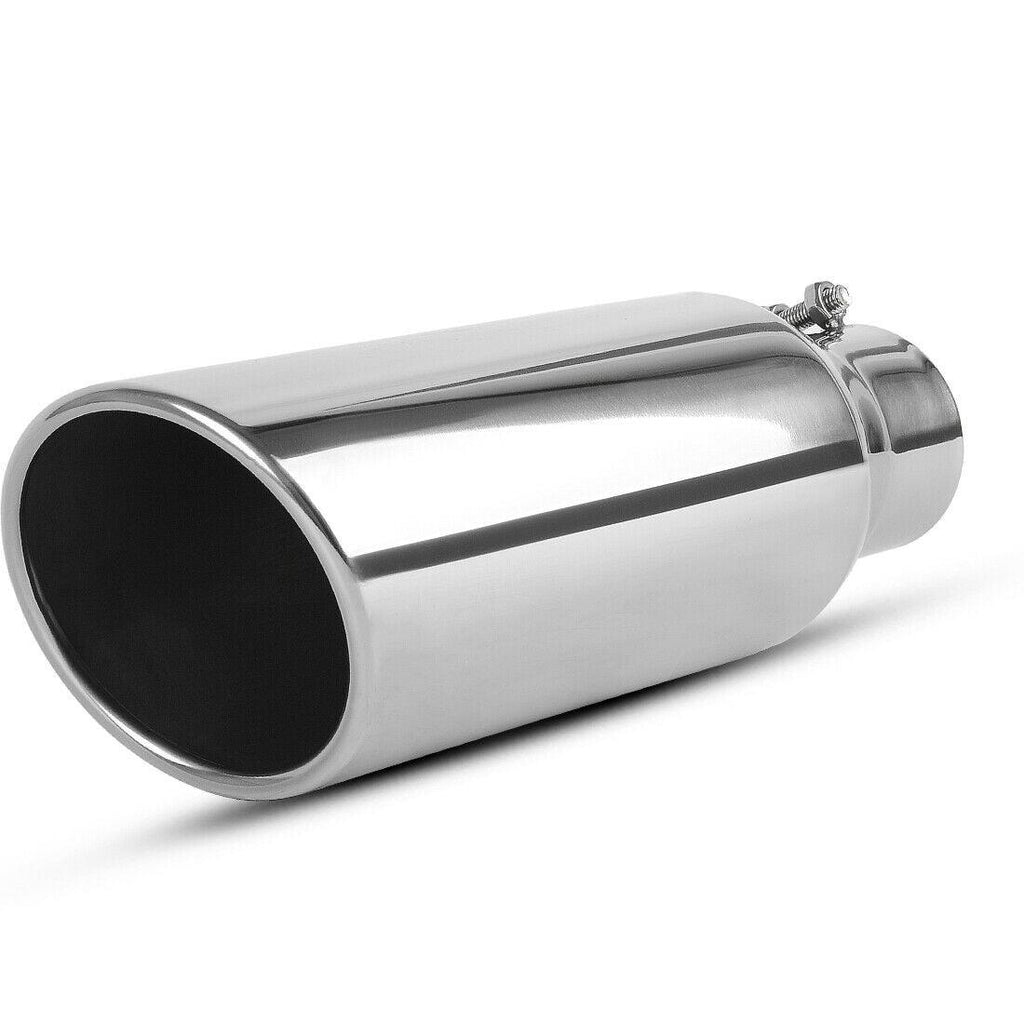 Exhaust Tip 2.5 Inch Inlet x 4 Inch Outlet x 12 Inch Long Chrome Polished Rolled Edge Angle Cut Stainless Steel Tailpipe - YITAMotor