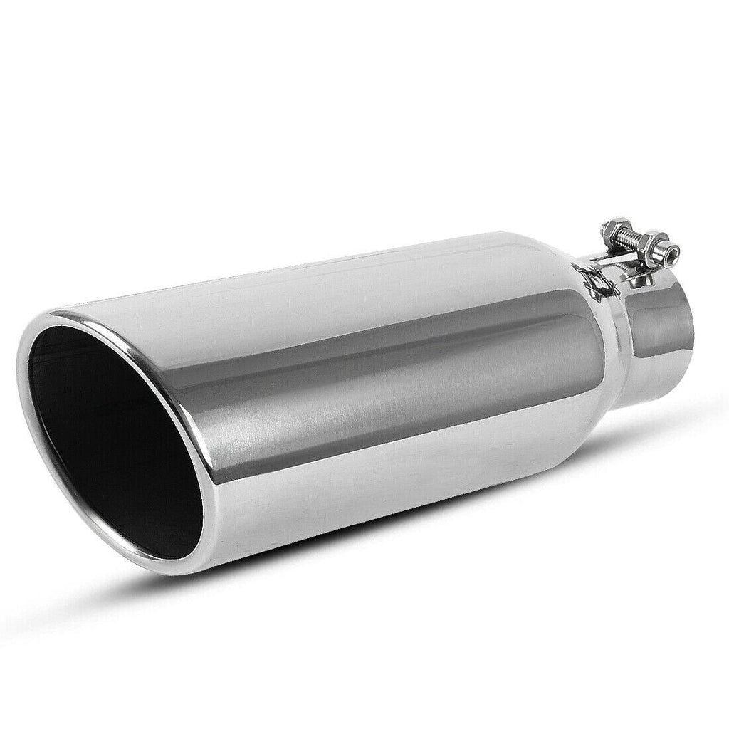 Exhaust Tip 2.5 Inch Inlet x 4 Inch Outlet x 12 Inch Long Chrome Polished Rolled Edge Angle Cut Stainless Steel Tailpipe - YITAMotor