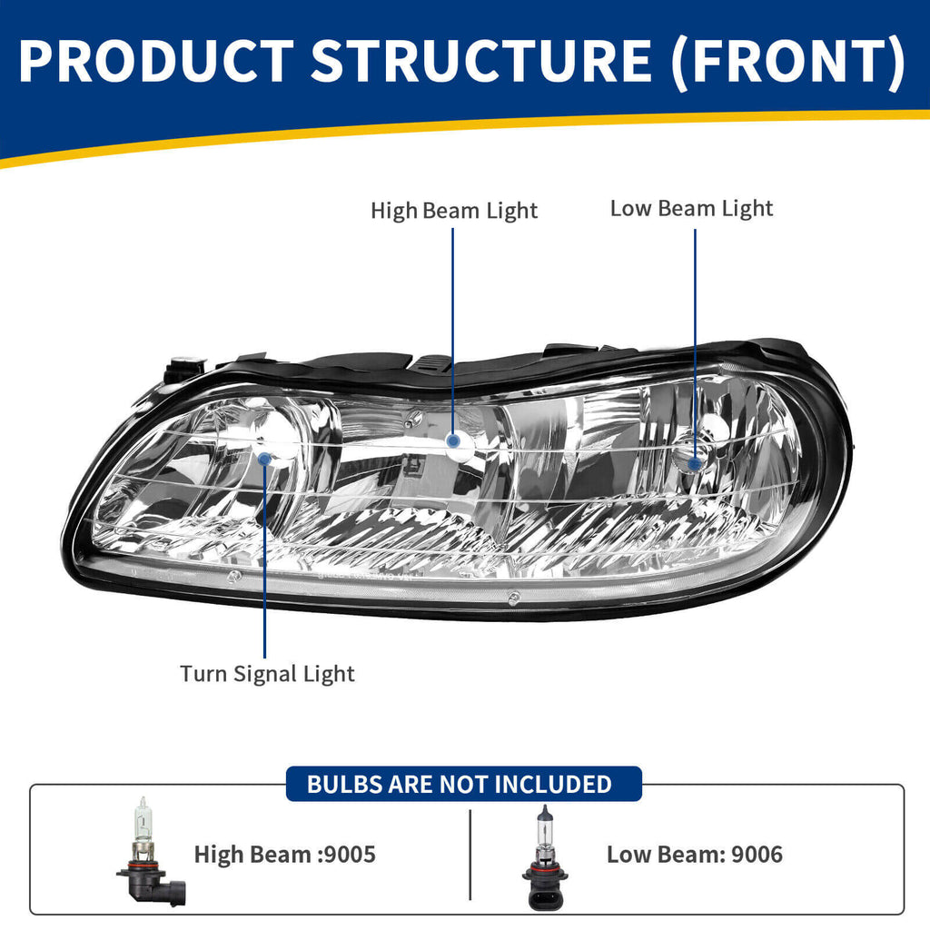 YITAMOTOR® 1997-2003 Chevy Malibu, 1997-1999 Oldsmobile Cutlass Headlight Assembly Chrome Housing