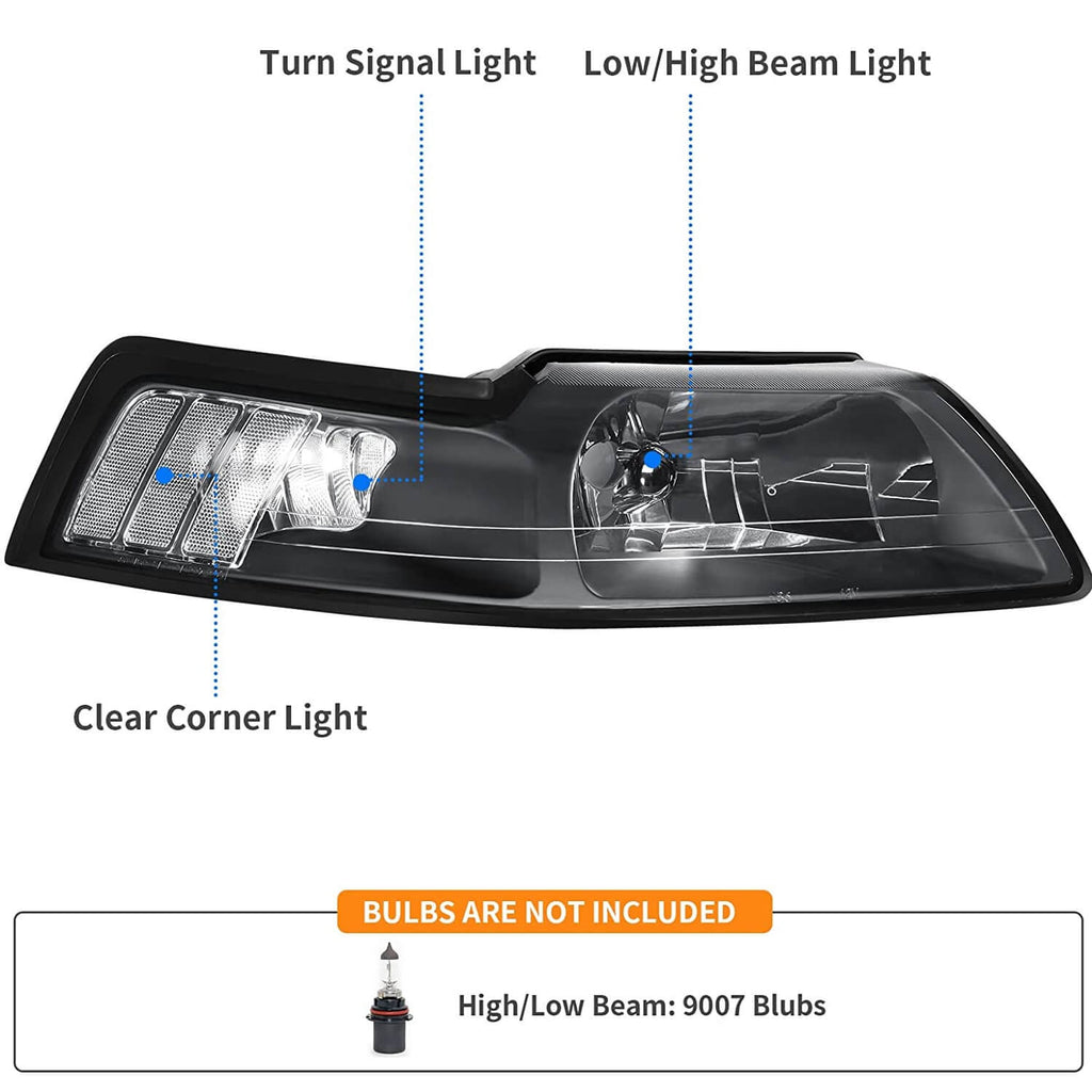 1999-2004 Ford Mustang Headlight Assembly Black Housing Clear Reflector