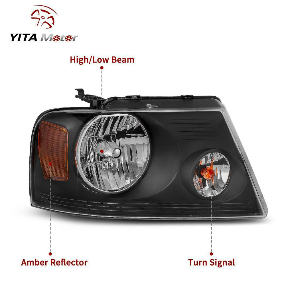 Pair Headlight Assembly for 2004-2008 Ford F150/2006-2008 Lincoln Mark LT Headlight Black Housing Clear Lens - YITAMotor