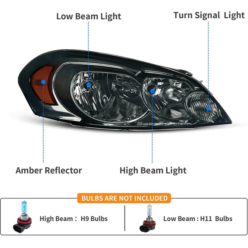 YITAMOTOR® 2006-2013 Chevy Impala / 2006 2007 Monte Carlo Headlights Assembly Smoke Lens Amber Reflector