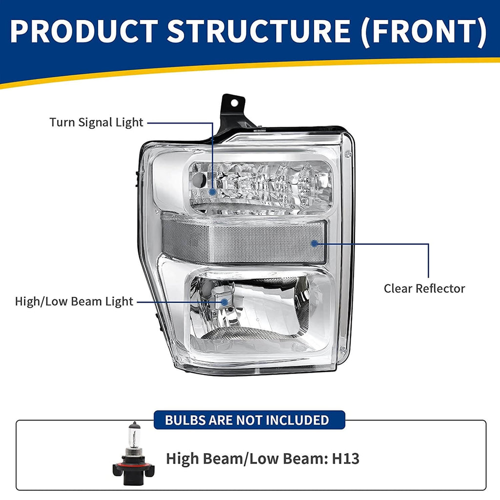 YITAMOTOR® 2008-2010 Ford F250 F350 F450 Super Duty Headlight Assembly Chrome Housing Clear Lens