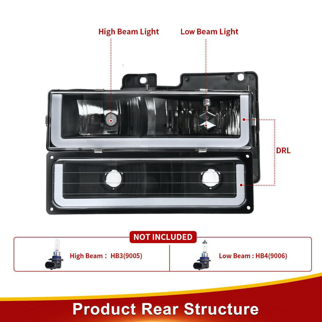 YITAMOTOR® 1994-2000 Chevy C/K Suburban Tahoe Headlights DRL LED Headlamp with Daytime Running Light Strip - YITAMotor