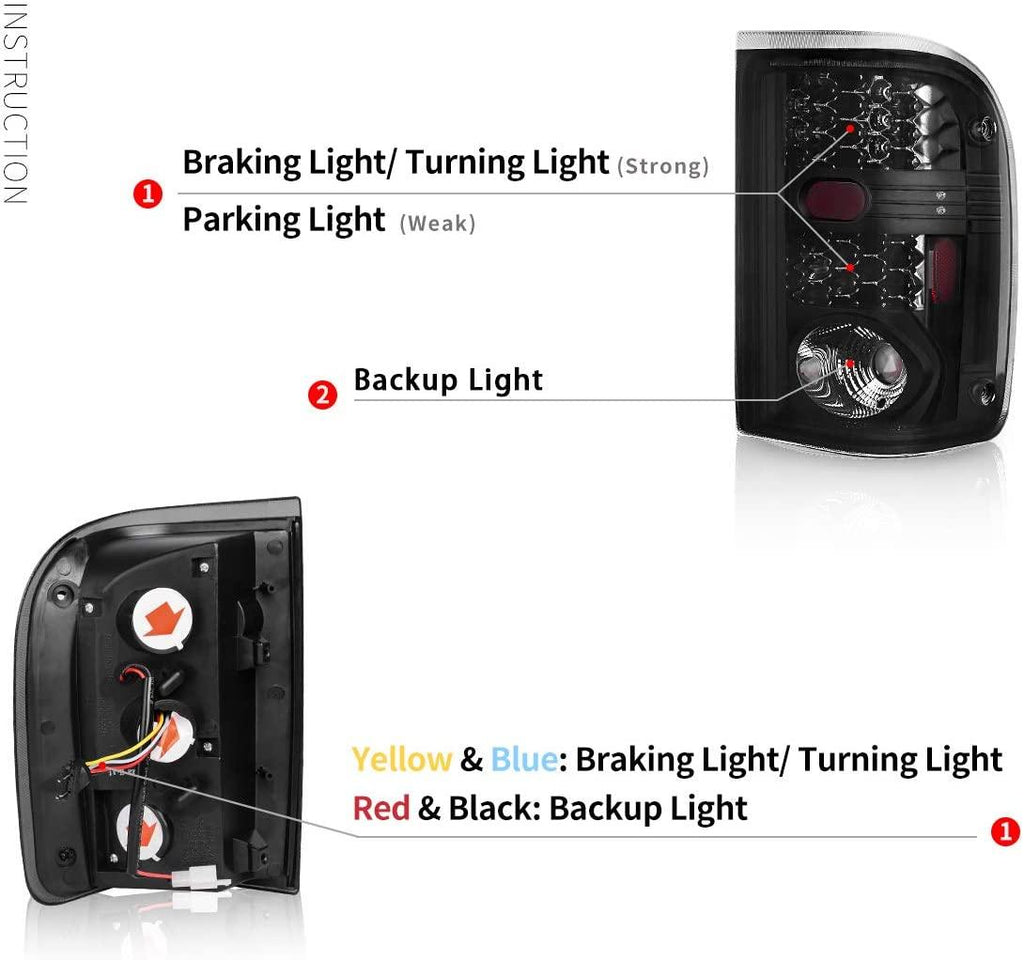YITAMOTOR® Luces traseras LED para Ford Ranger 2001-2005, conjunto de reemplazo de luces traseras negras ahumadas, par izquierdo + derecho