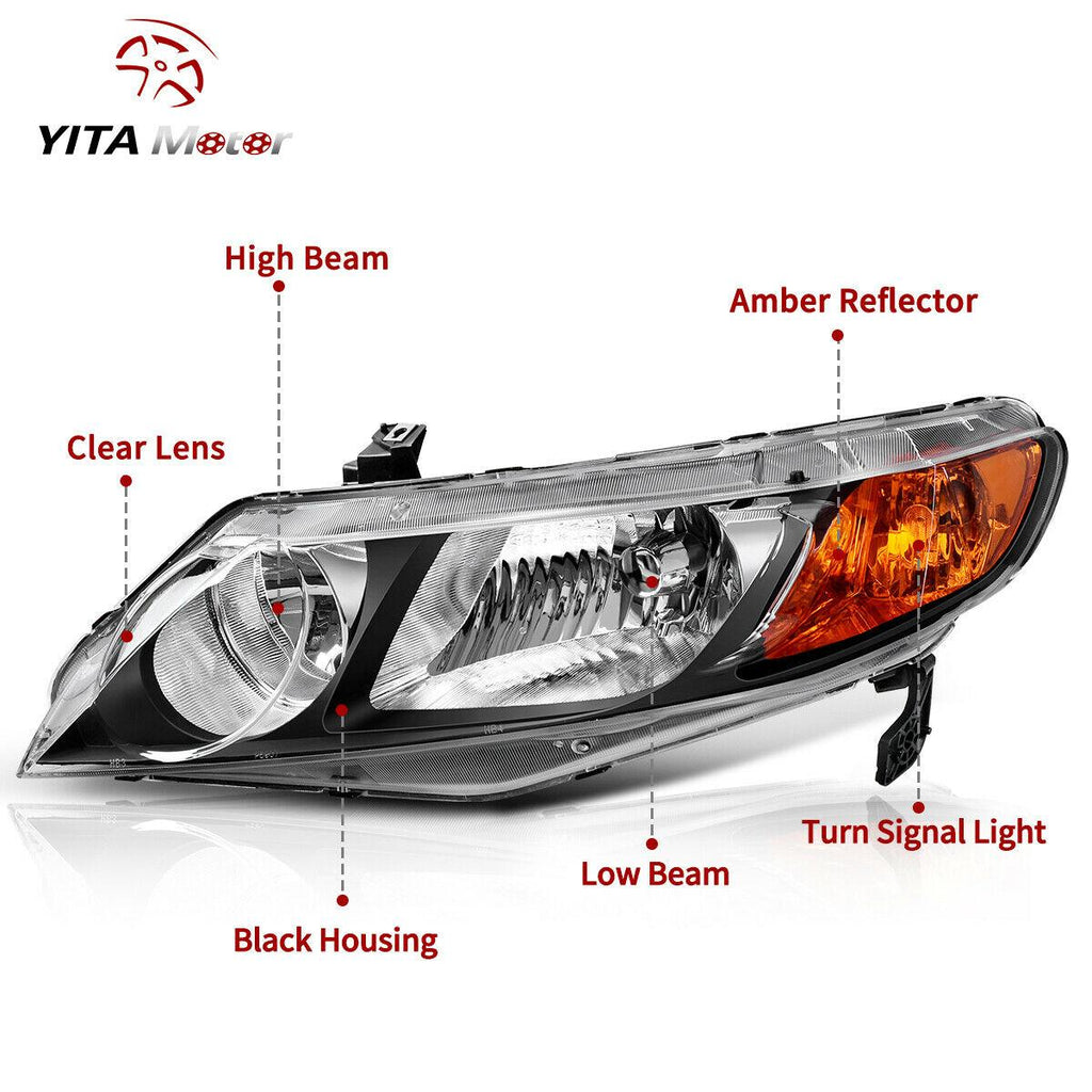 YITAMOTOR® 2006-2011 Honda Civic Sedan 4Dr Headlights with Amber Park Lens Black Housing Amber Reflector - YITAMotor